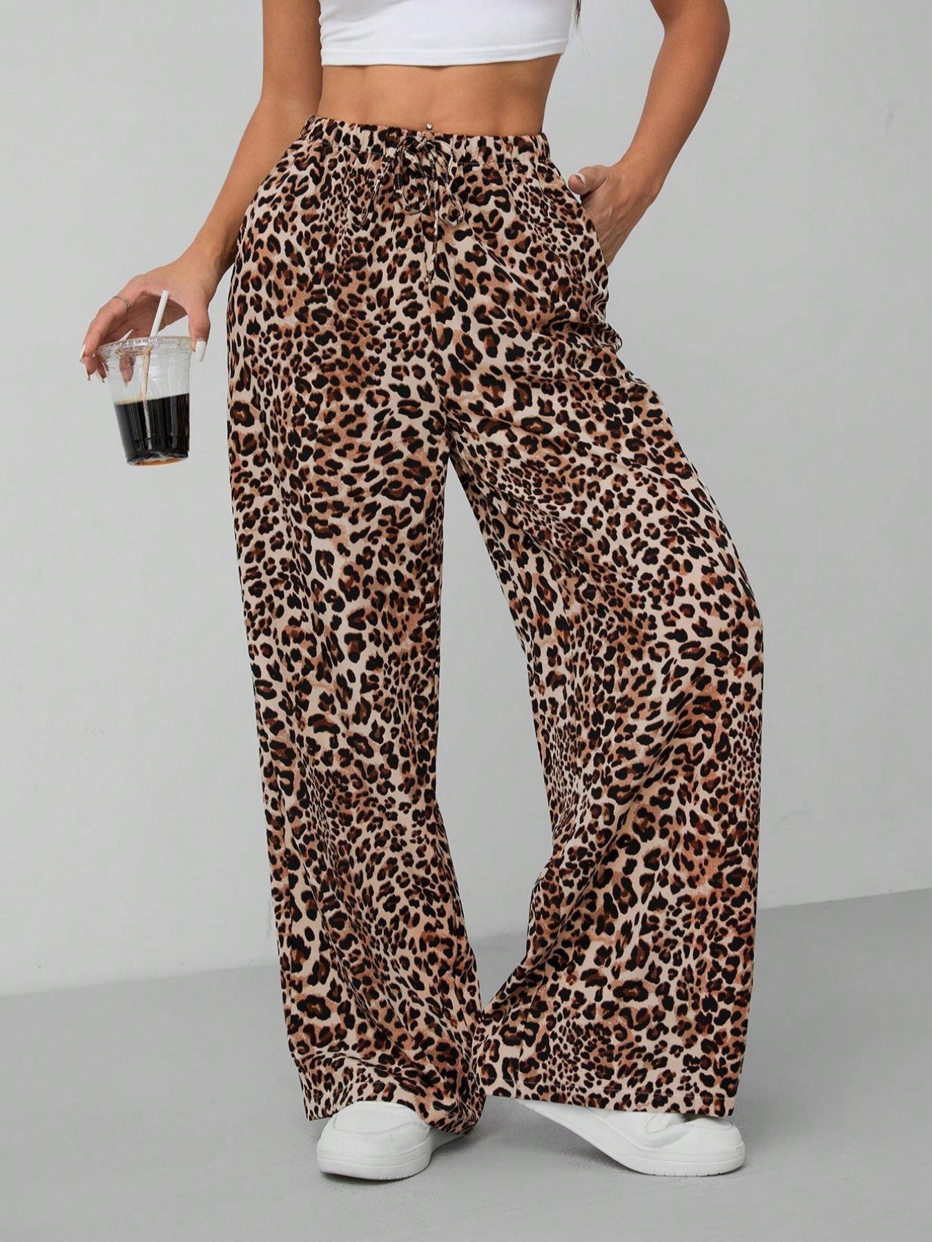 Women's Casual Leopard Print High Waisted Wide-Leg Pants Elegant Drawstring Loose Long Trousers - Image 8