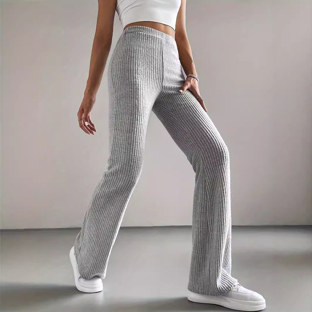 Women's Autumn Solid Color Rib Knit Bootcut Trousers - Image 4