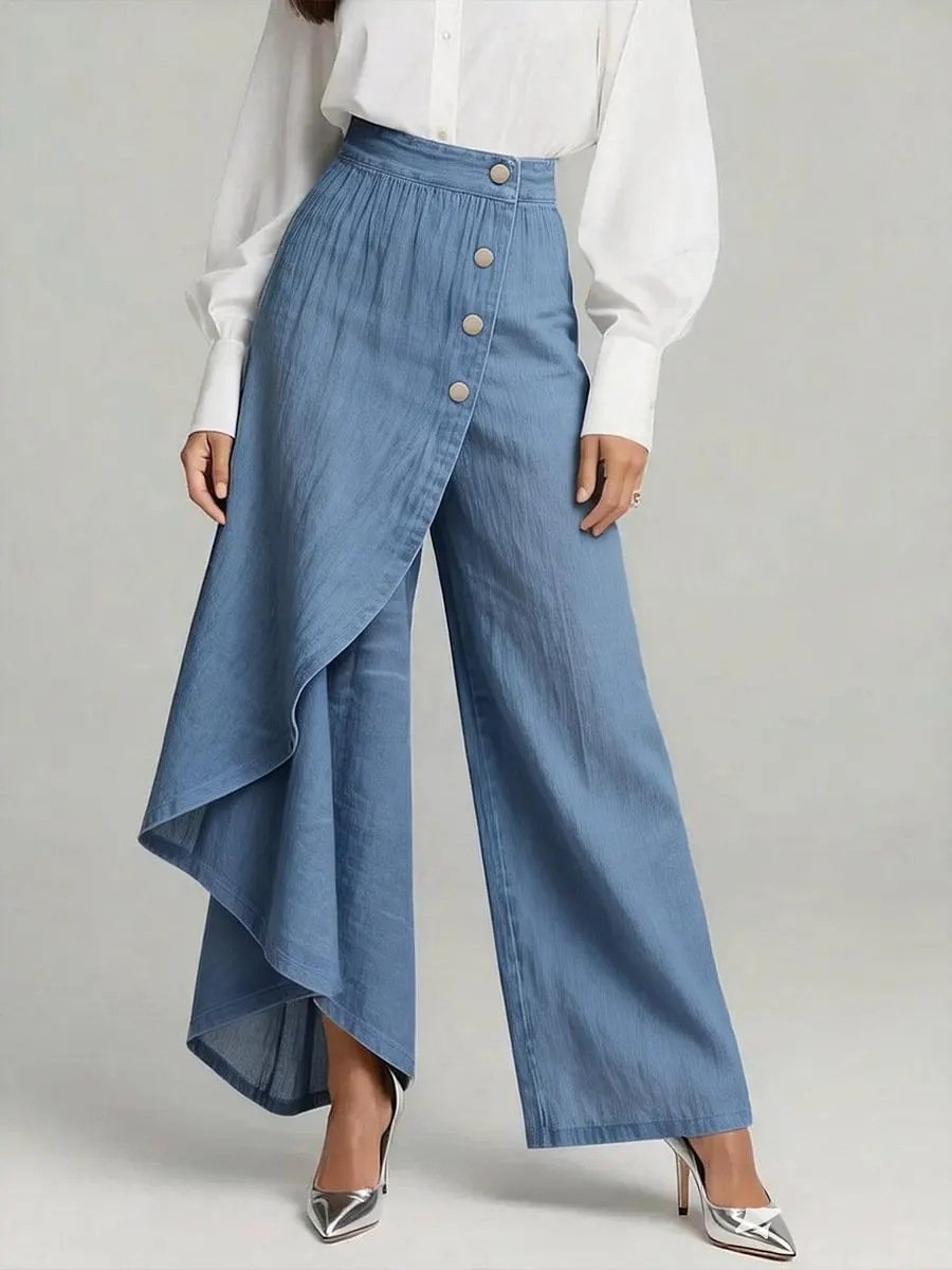 Unique Straight-leg Pants Fashion Large Ruffled Buttons Trousers Women's Faux Jeans Clothing - Image 10