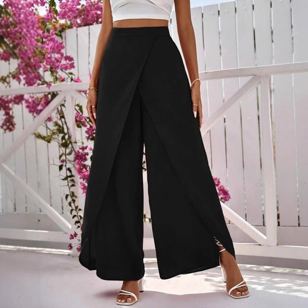Solid-color Slit Womens Casual Wide-leg Pants