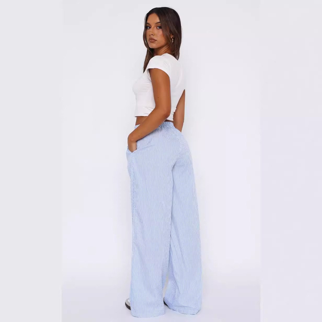 Fashion Y2K Striped Straight Trousers Summer Elastic High Waist Wide Leg Pants For Women - Image 4