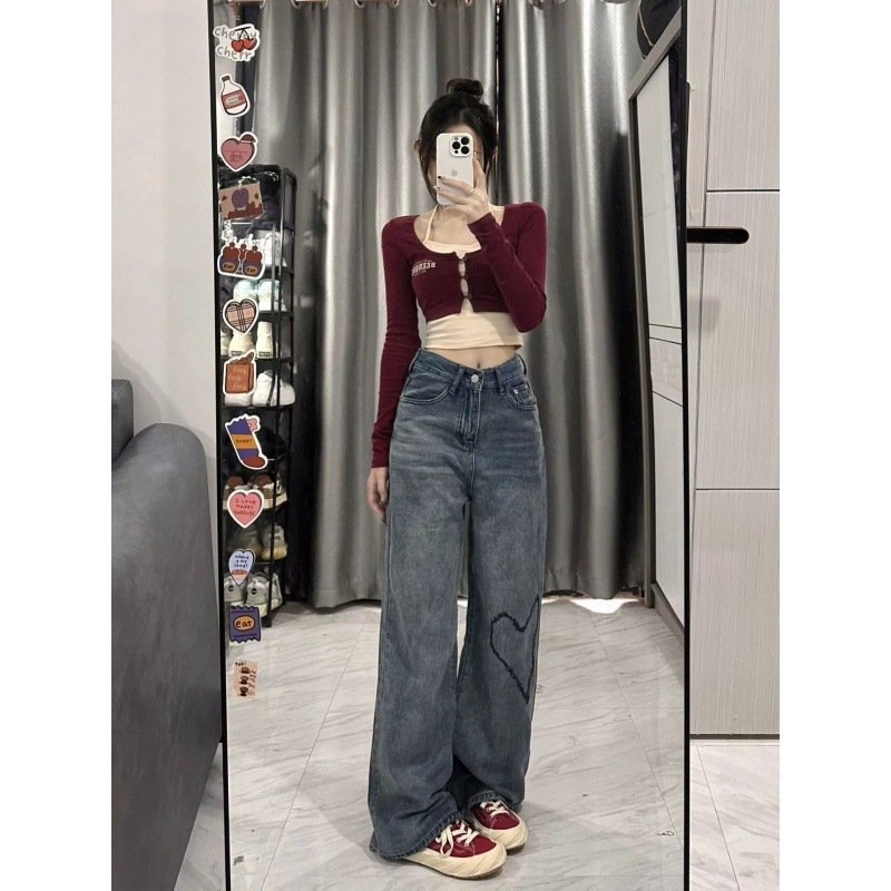 Love Embroidered Wide-leg Simple Casual Jeans - Image 4