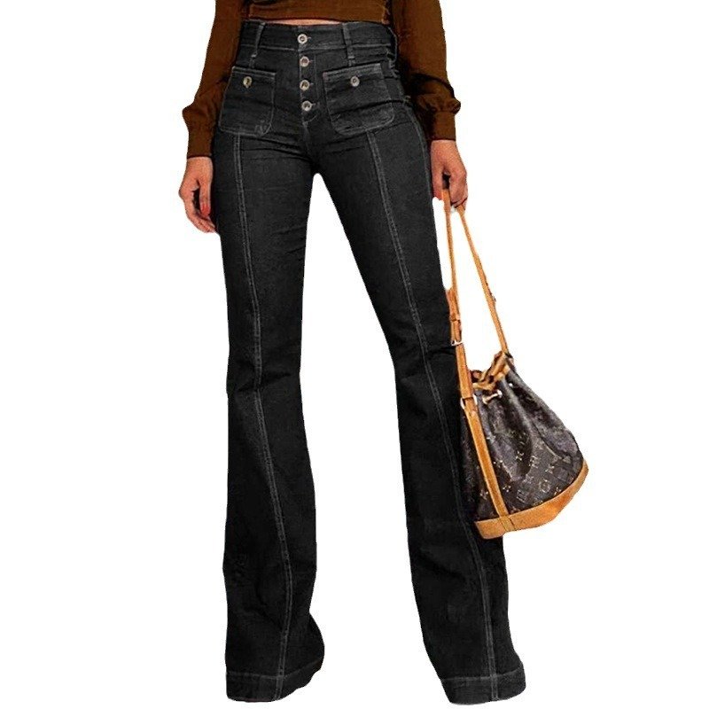 Stitching Washed Denim Stretch Slim Fit Bell-bottom Pants - Image 5