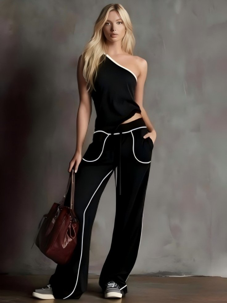Womens Straight-Leg Wide-Leg Pants Off-Shoulder Chic Top Two-Piece Set - Image 7