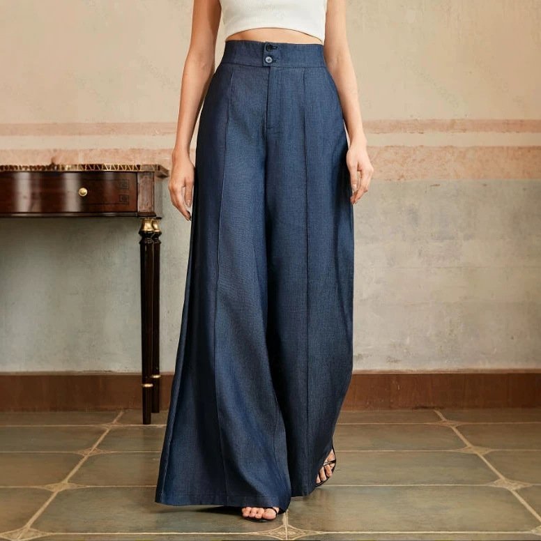 Womens Solid-Color High-Waisted Straight-Leg Wide-Leg Pants