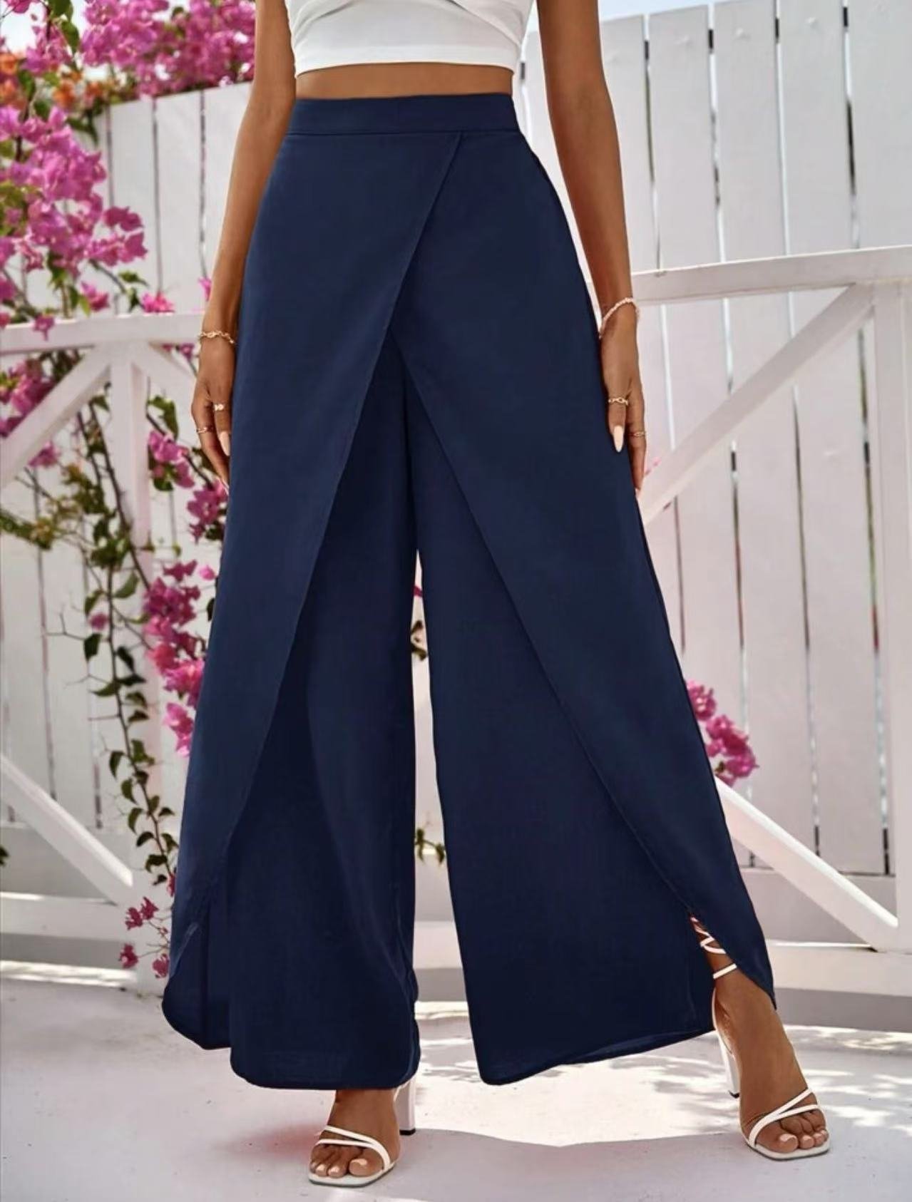 Solid-color Slit Womens Casual Wide-leg Pants - Image 8