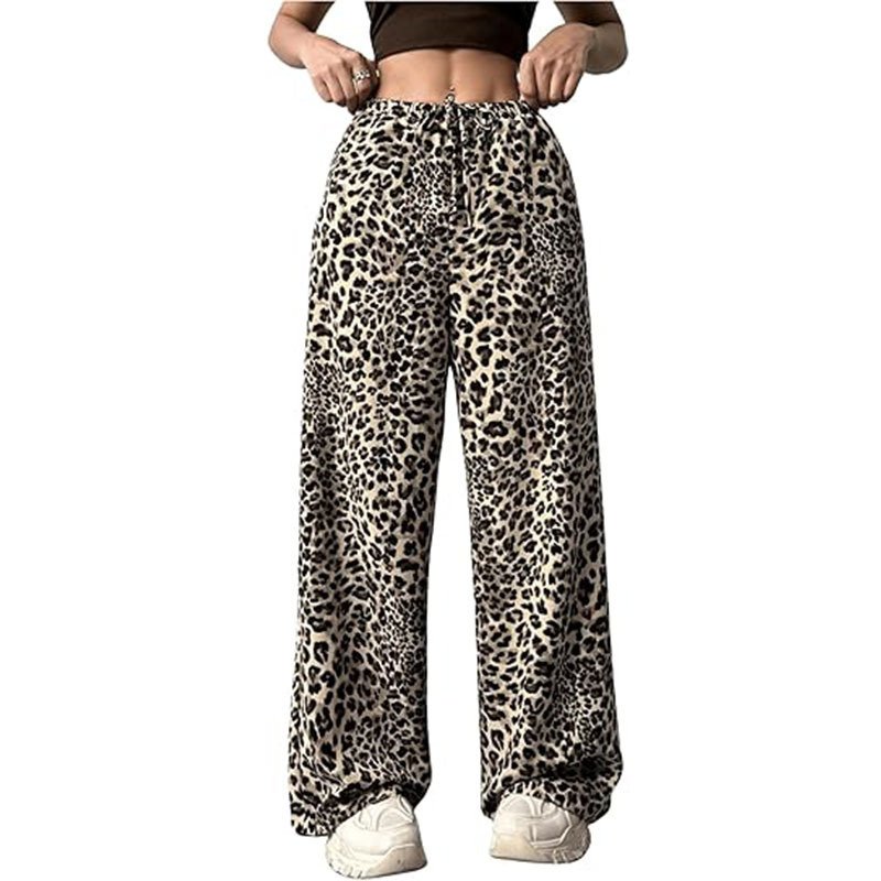 Women's Casual Leopard Print High Waisted Wide-Leg Pants Elegant Drawstring Loose Long Trousers - Image 3