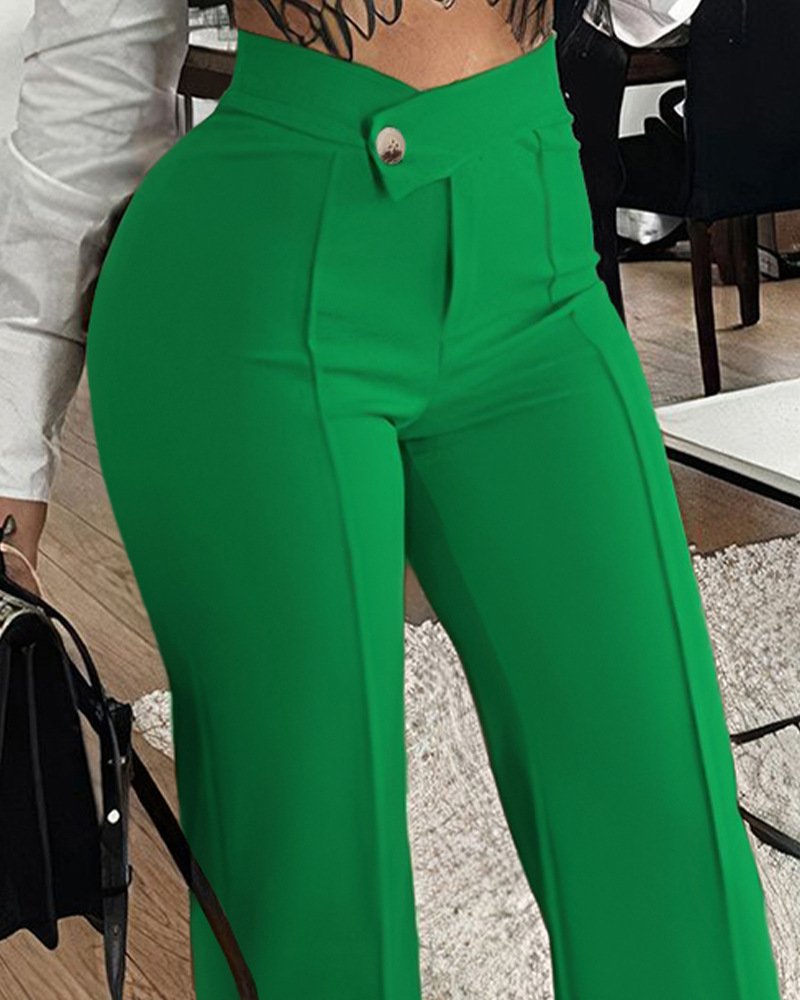 Slim Straight-leg Pants With Buckle Fashion Solid Color Trousers For Womens Clothing - Image 6