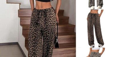 Women's Casual Leopard Print High Waisted Wide-Leg Pants Elegant Drawstring Loose Long Trousers