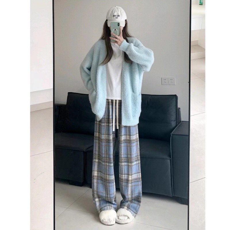 Plaid High Waist Drooping Baggy Pants - Image 9