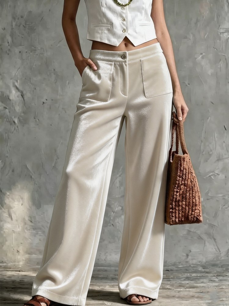 Womens Velvet Loose-fit Solid-color High-waisted Straight-leg Casual Pants With Pockets - Image 6