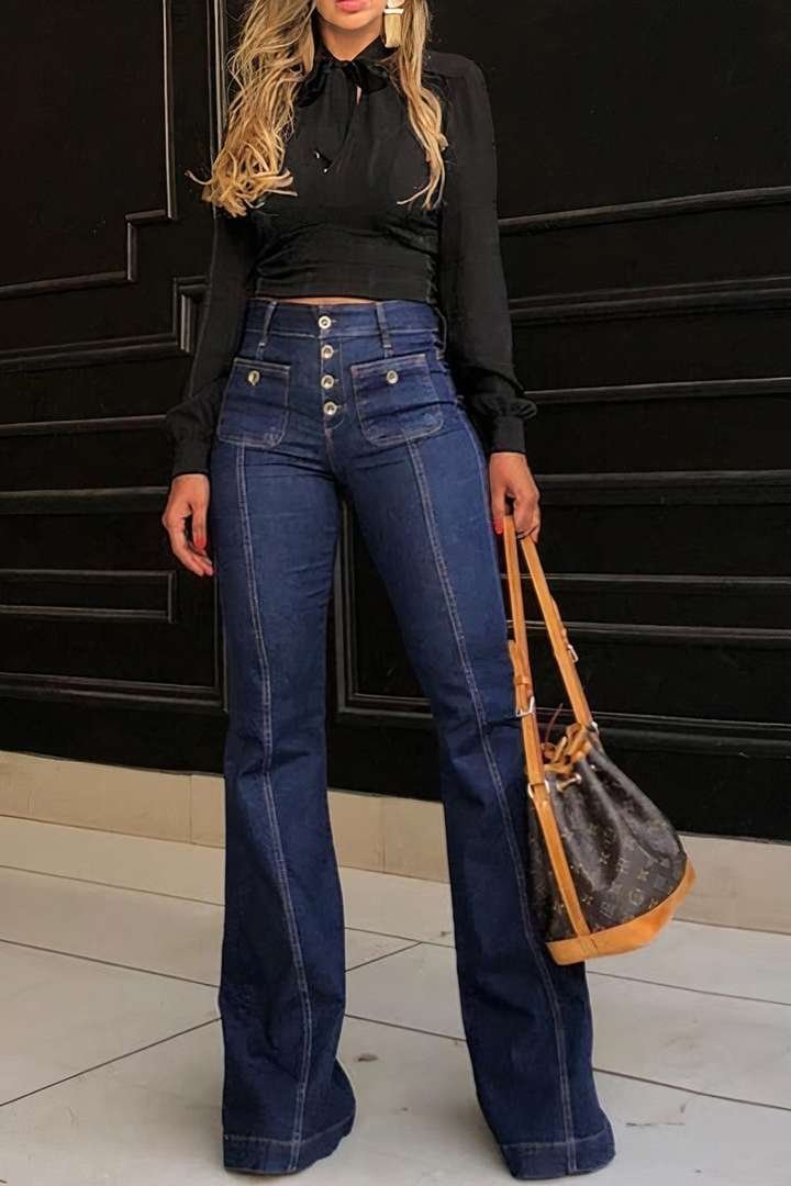 Stitching Washed Denim Stretch Slim Fit Bell-bottom Pants - Image 6