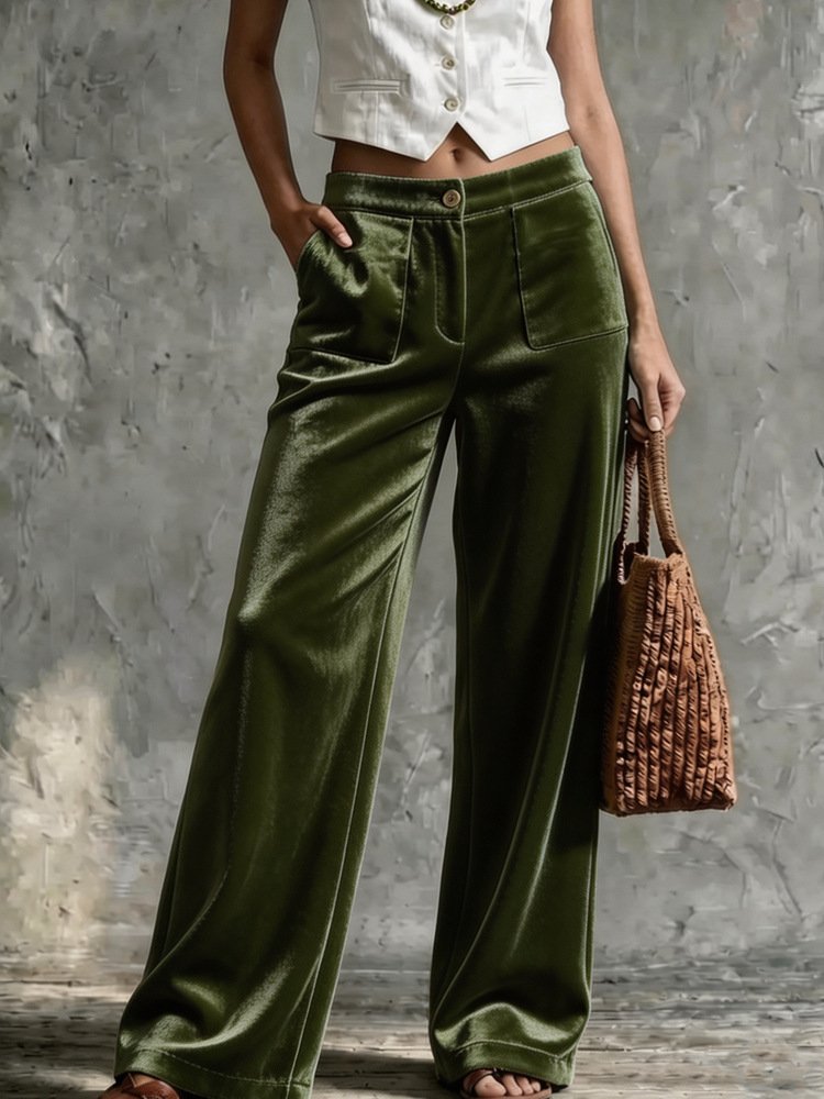 Womens Velvet Loose-fit Solid-color High-waisted Straight-leg Casual Pants With Pockets - Image 7
