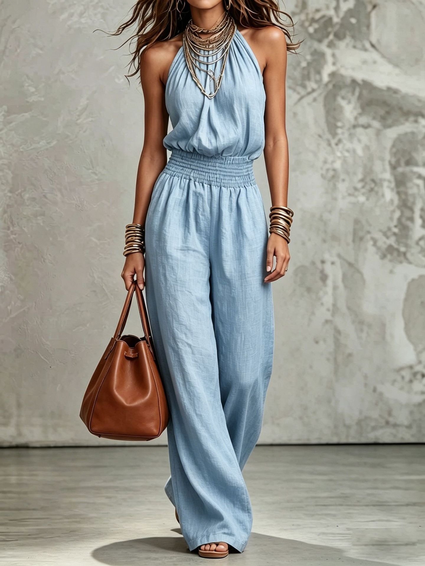 Womens Sleeveless Jumpsuit Backless Lace-up Halter Overall Pants Wide-leg Straight Onesie Trousers - Image 8