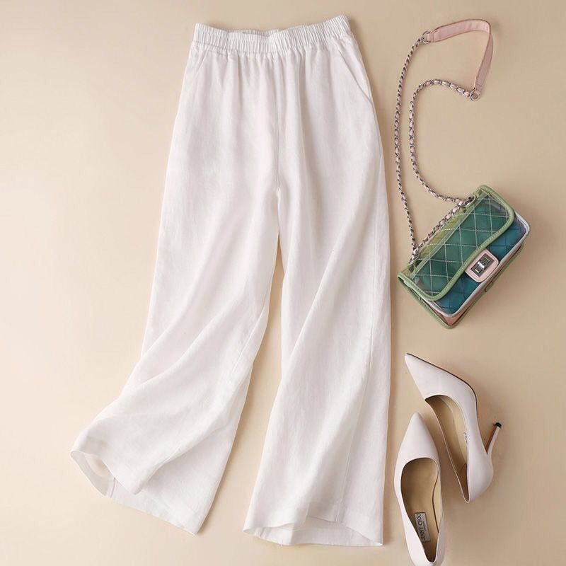 Asian Cotton Wide Leg Pants Solid Color Women's Ninth Point