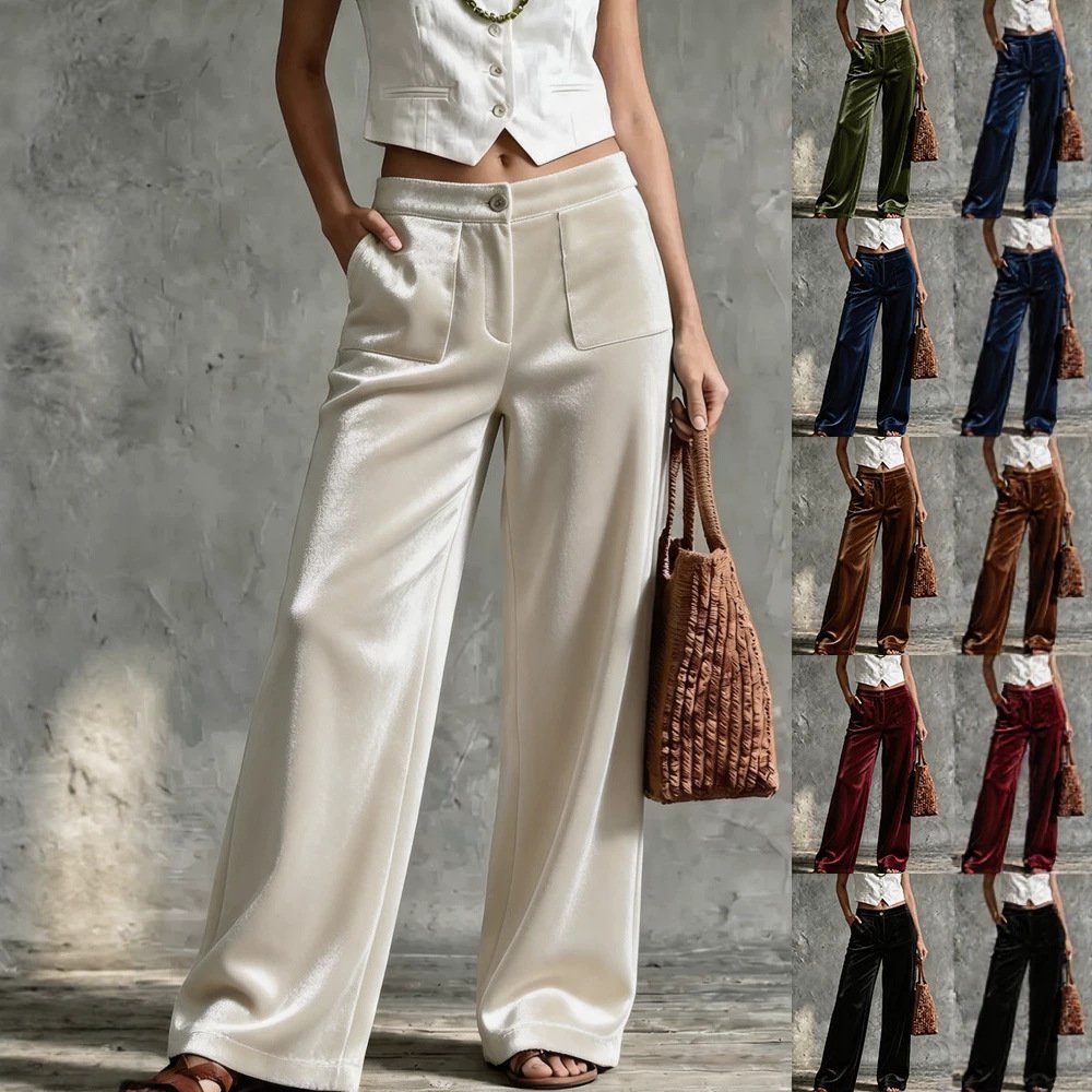 Womens Velvet Loose-fit Solid-color High-waisted Straight-leg Casual Pants With Pockets