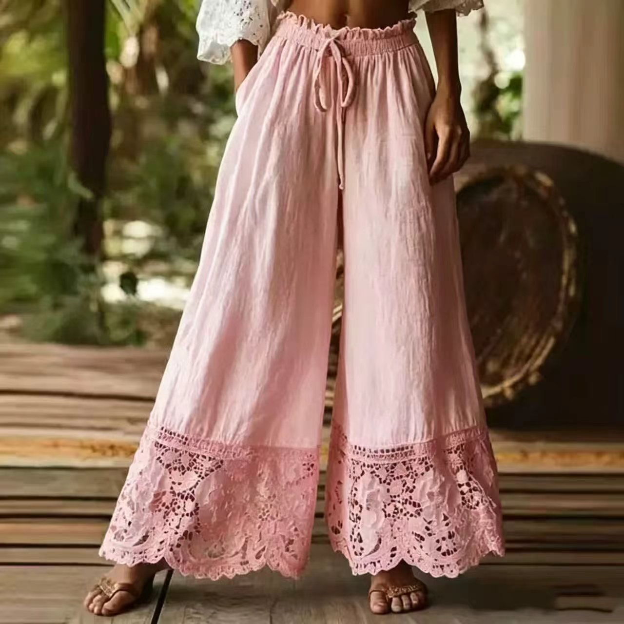 Fashionable Solid-Colored Lace-Trimmed Womens Pants - Image 5