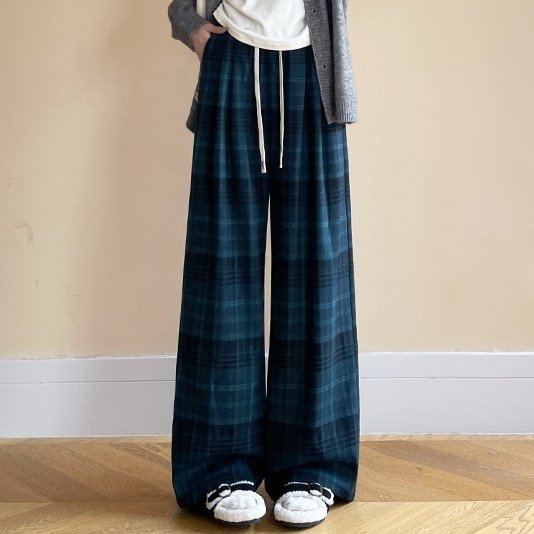 Plaid High Waist Drooping Baggy Pants - Image 7
