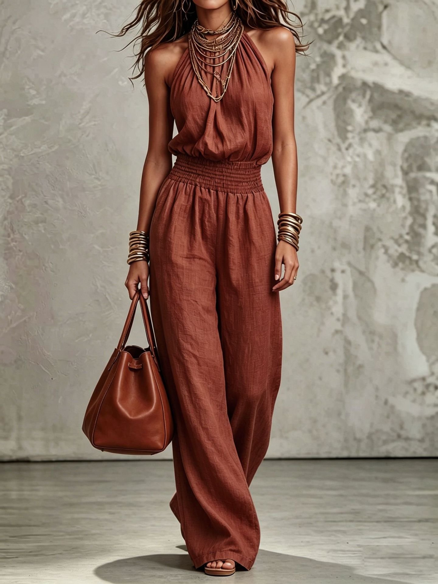 Womens Sleeveless Jumpsuit Backless Lace-up Halter Overall Pants Wide-leg Straight Onesie Trousers - Image 10