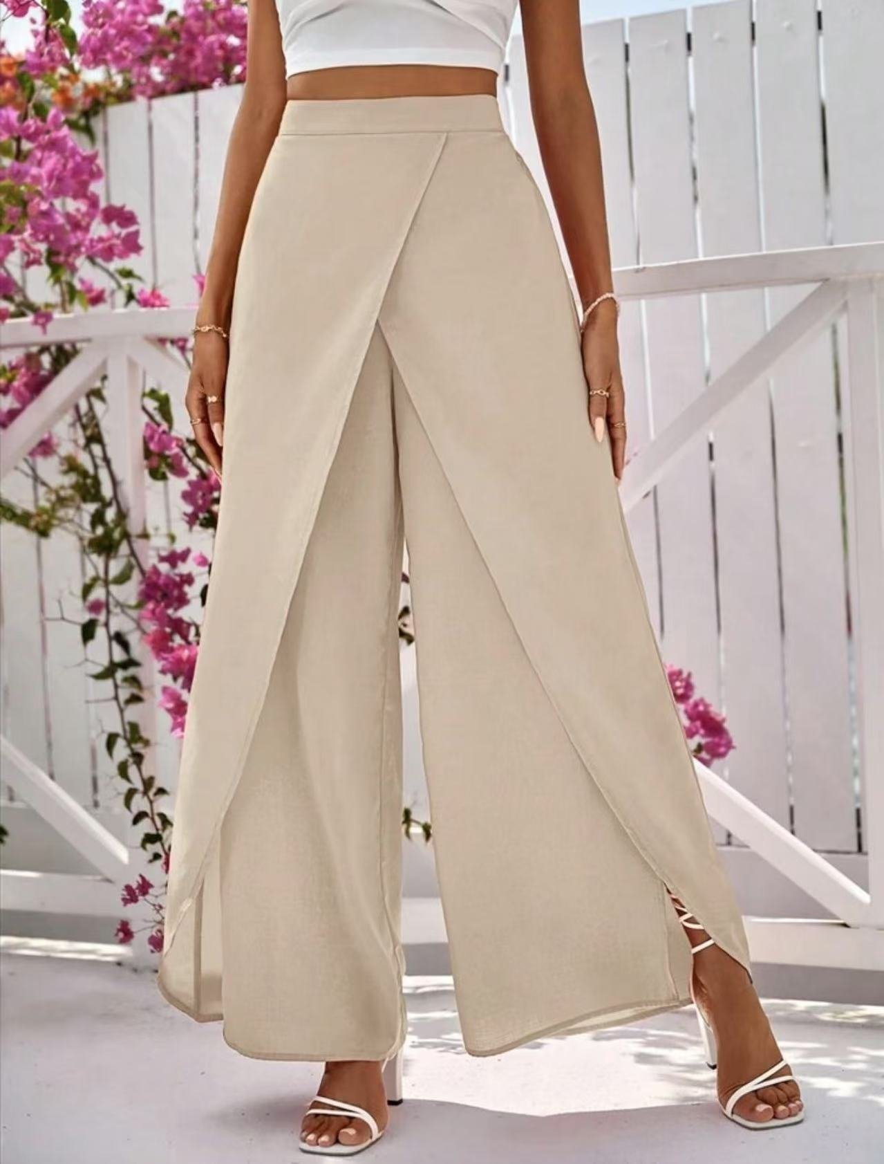 Solid-color Slit Womens Casual Wide-leg Pants - Image 5