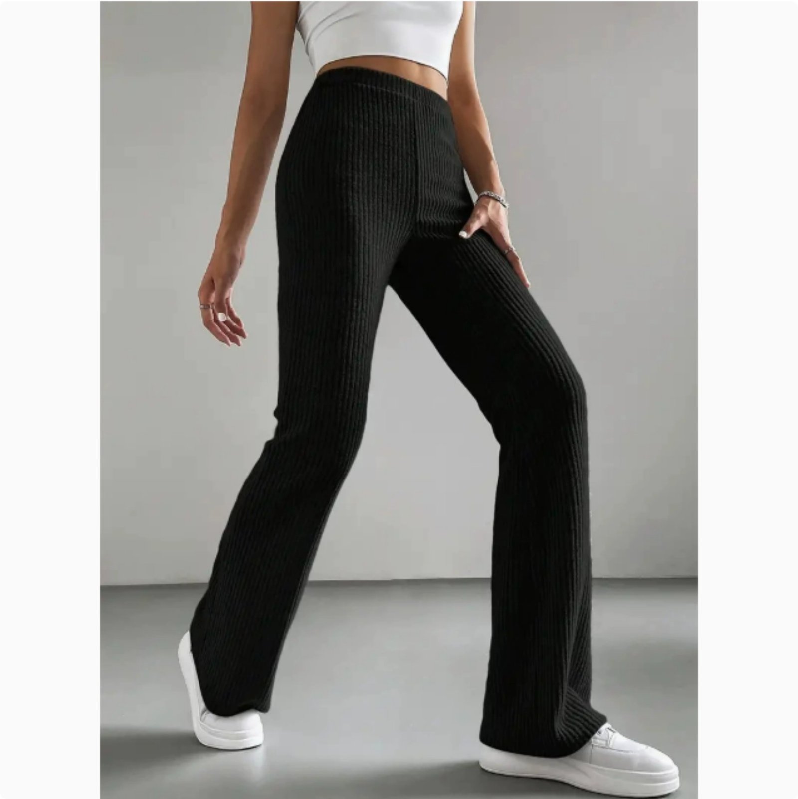 Women's Autumn Solid Color Rib Knit Bootcut Trousers - Image 8