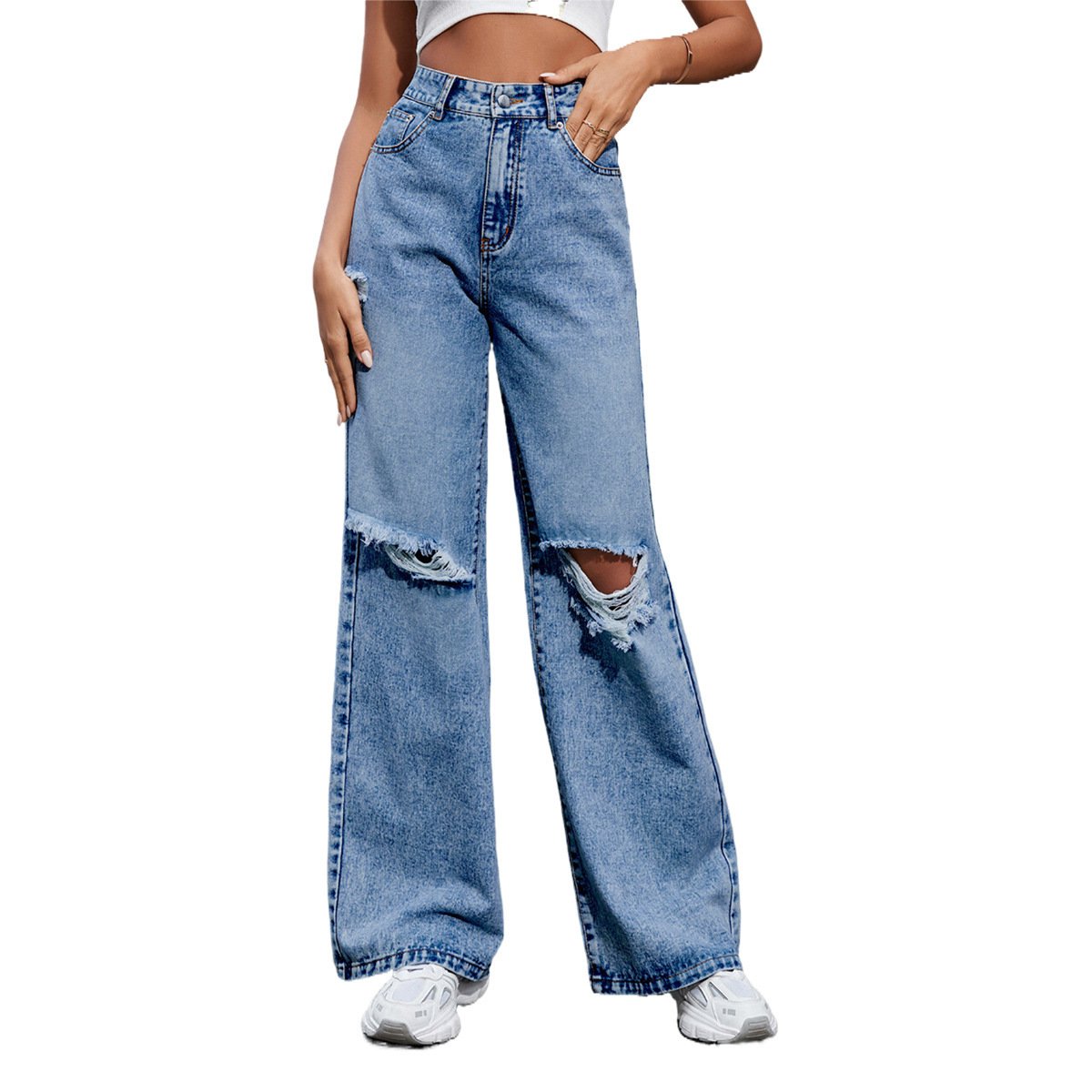 Women's Fashion Holes High Waist Casual Denim Trousers - Image 5