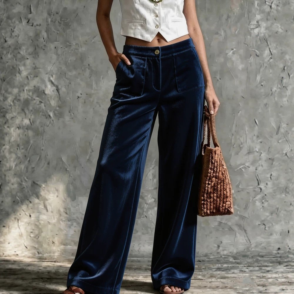 Womens Velvet Loose-fit Solid-color High-waisted Straight-leg Casual Pants With Pockets - Image 4