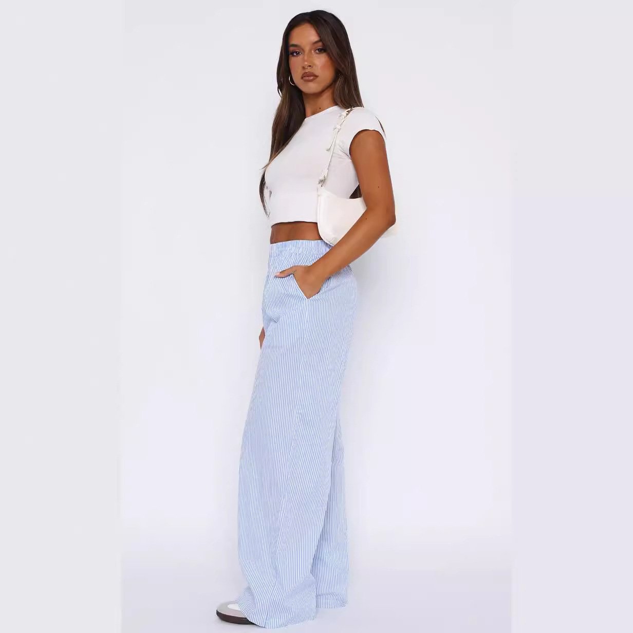 Fashion Y2K Striped Straight Trousers Summer Elastic High Waist Wide Leg Pants For Women - Image 3
