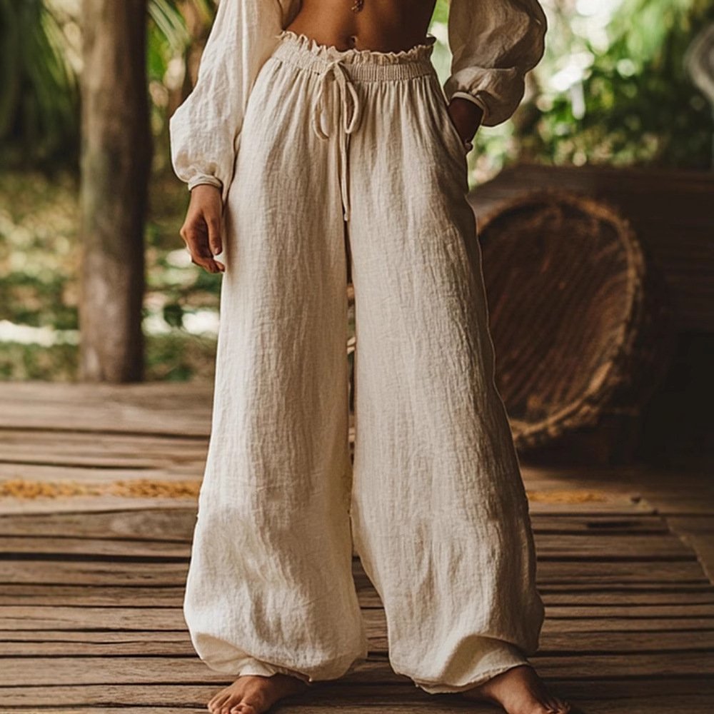 Fashion Casual Loose Artistic Pocket Drawstring Elastic Waist Wide Leg Pants