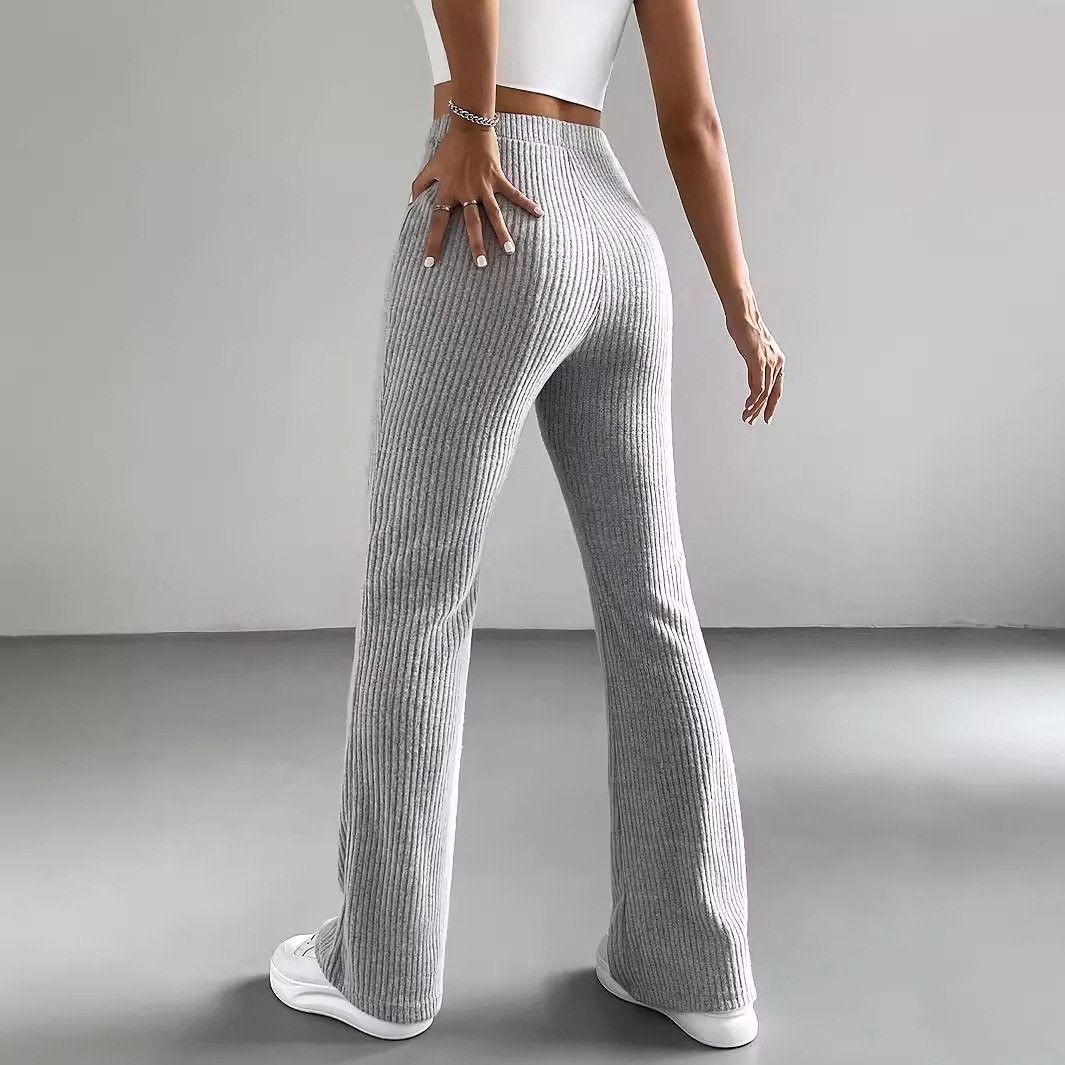 Women's Autumn Solid Color Rib Knit Bootcut Trousers - Image 3