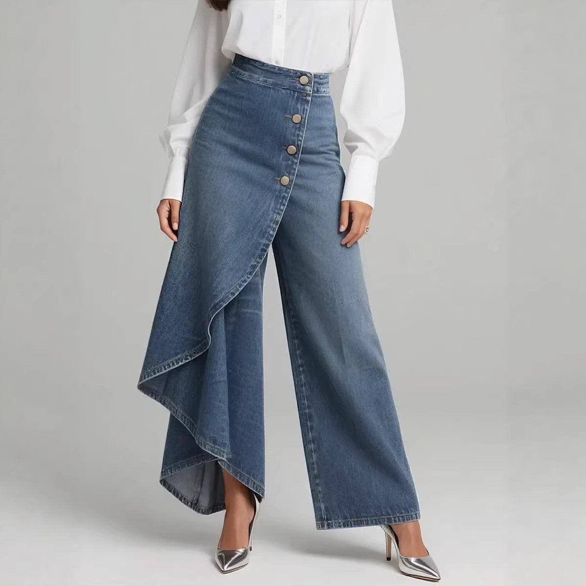 Unique Straight-leg Pants Fashion Large Ruffled Buttons Trousers Women's Faux Jeans Clothing - Image 4