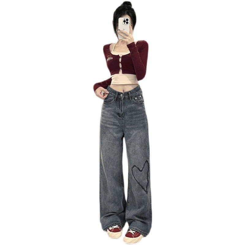 Love Embroidered Wide-leg Simple Casual Jeans - Image 6