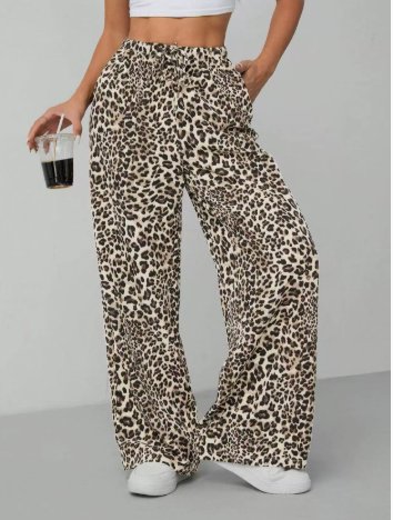 Women's Casual Leopard Print High Waisted Wide-Leg Pants Elegant Drawstring Loose Long Trousers - Image 10