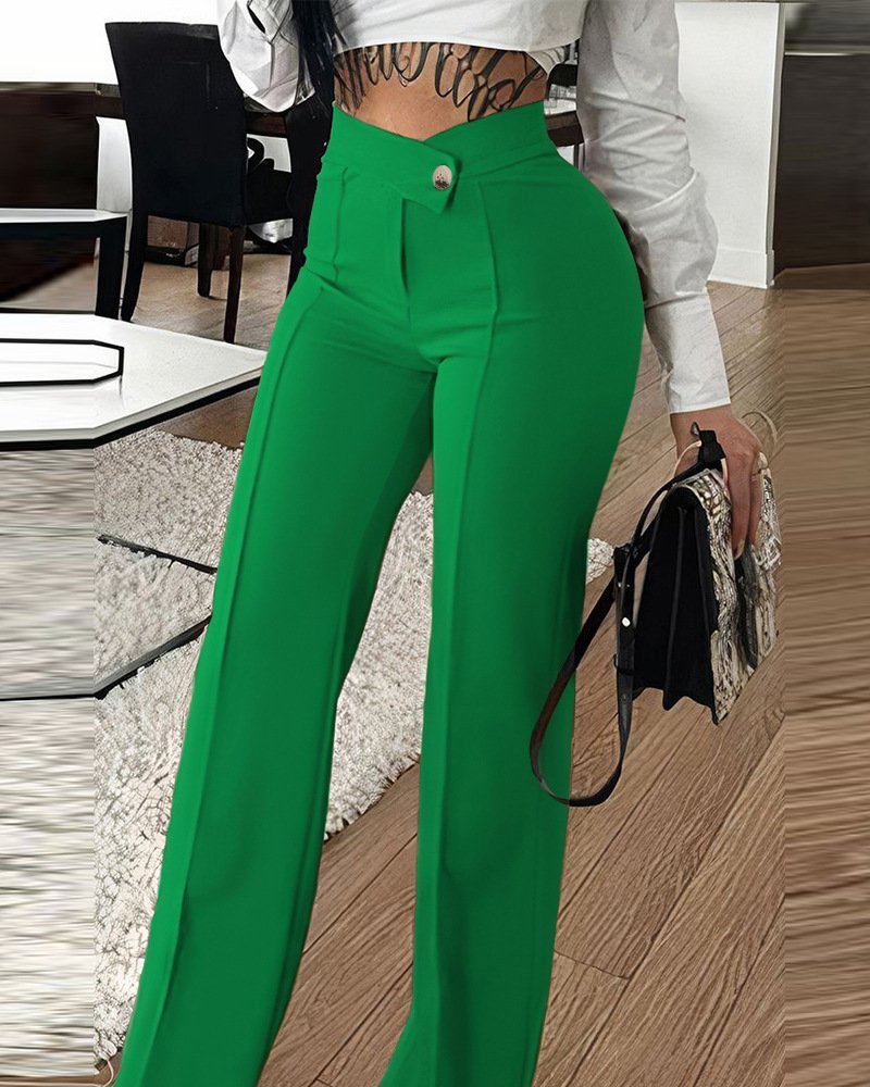 Slim Straight-leg Pants With Buckle Fashion Solid Color Trousers For Womens Clothing - Image 5