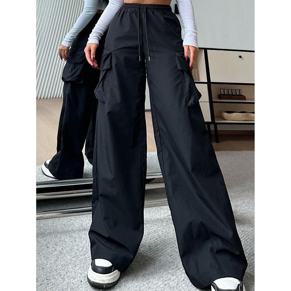 Womens Solid-color Loose-fit Utility Casual Pants